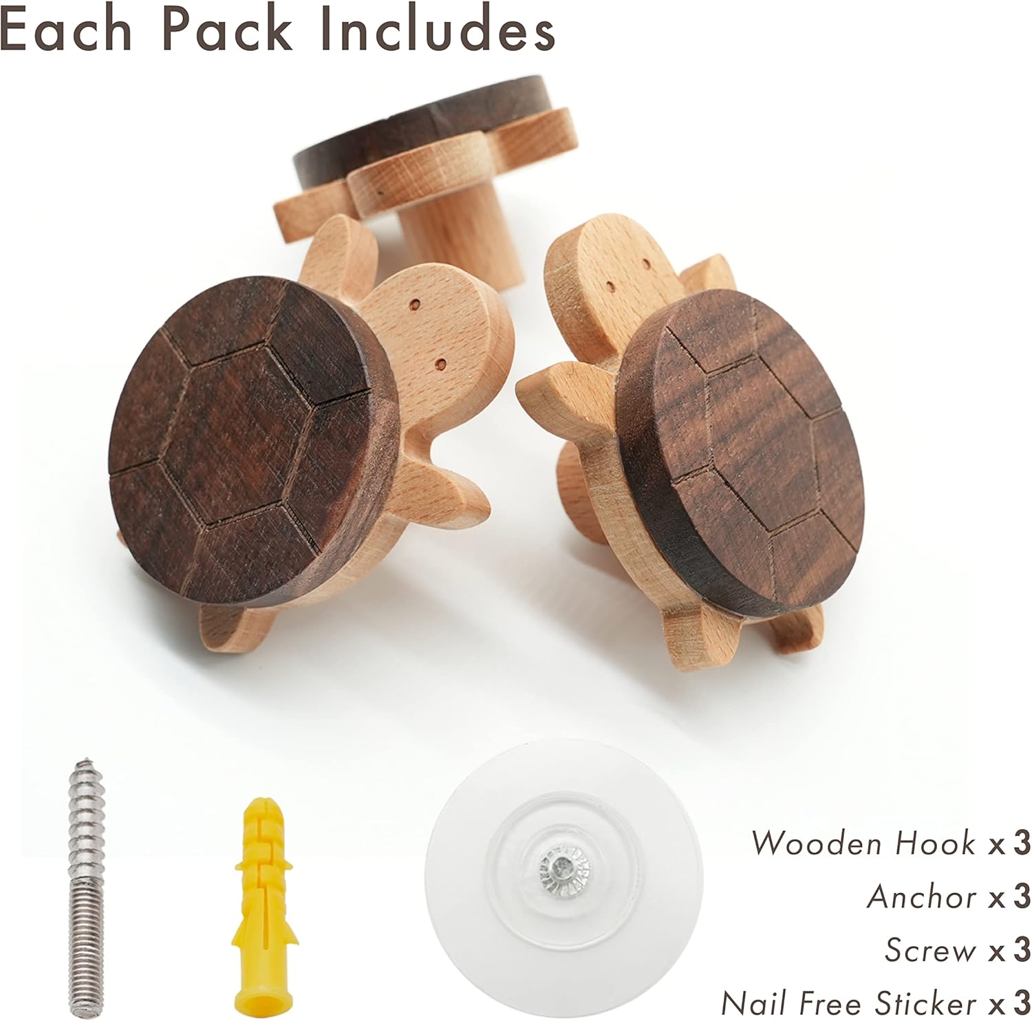 WONQEXZ Wall Hook Set of 3 Turtle Shape Wooden Hooks