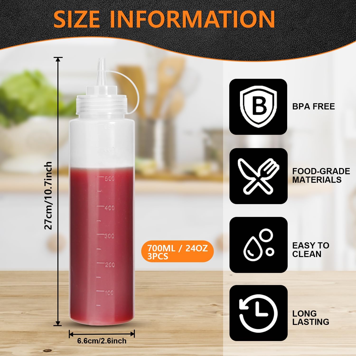 OAMCEG 3 Pack 24 Oz Ketchup Squeeze Bottles with BPA Free Discrete Measurements