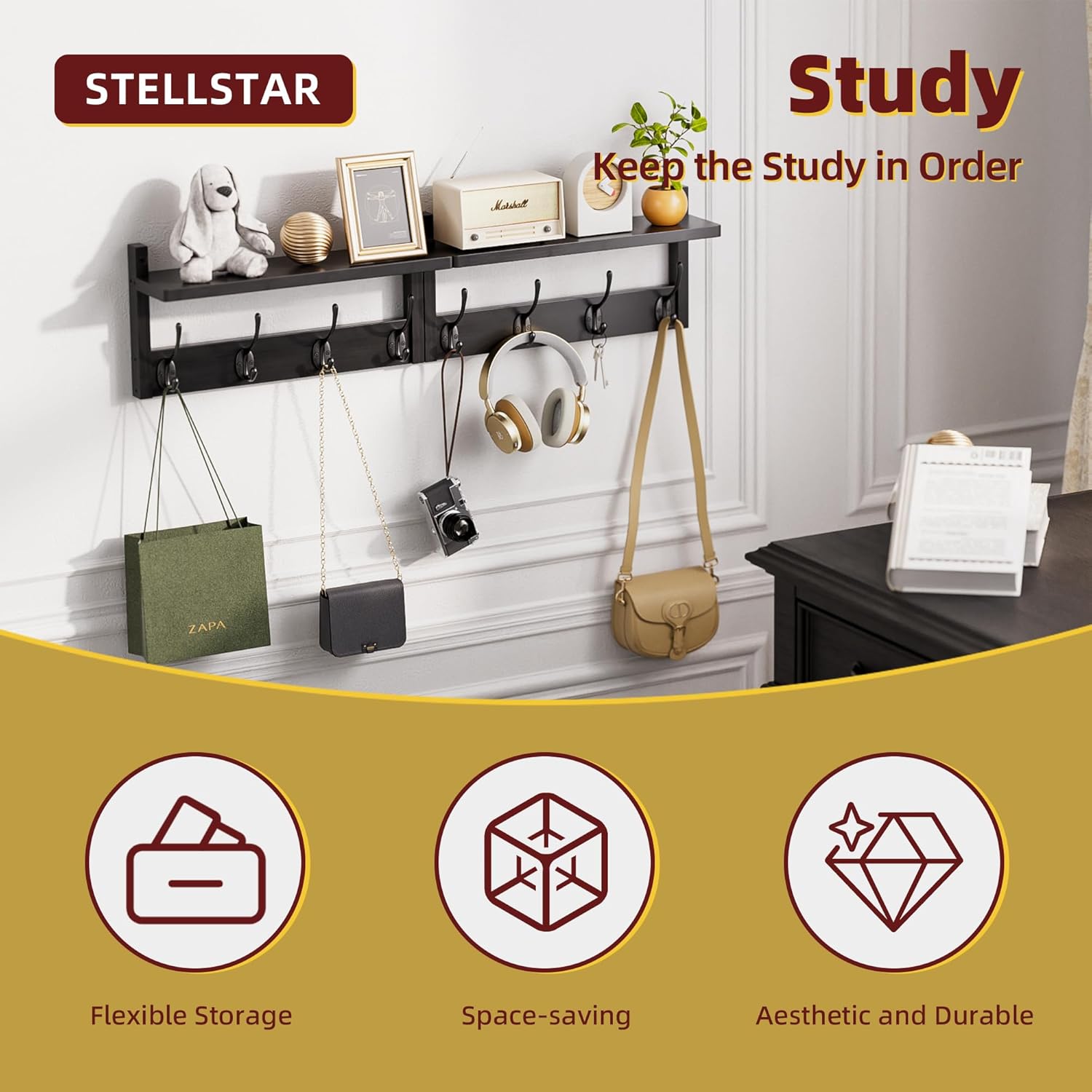 Stellstar Bamboo Coat Rack with 8 Hooks 2-Pack Black