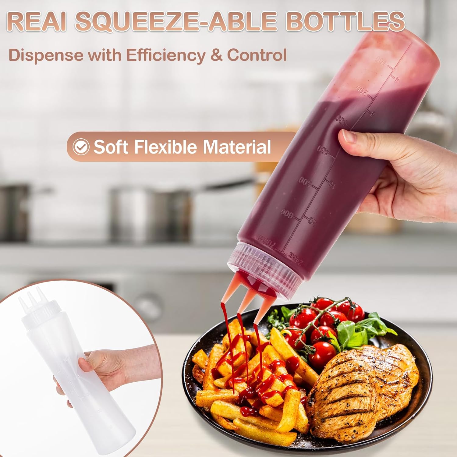 Deesoo 3-Hole Condiment Squeeze Bottles 2pcs 700ml Food Grade