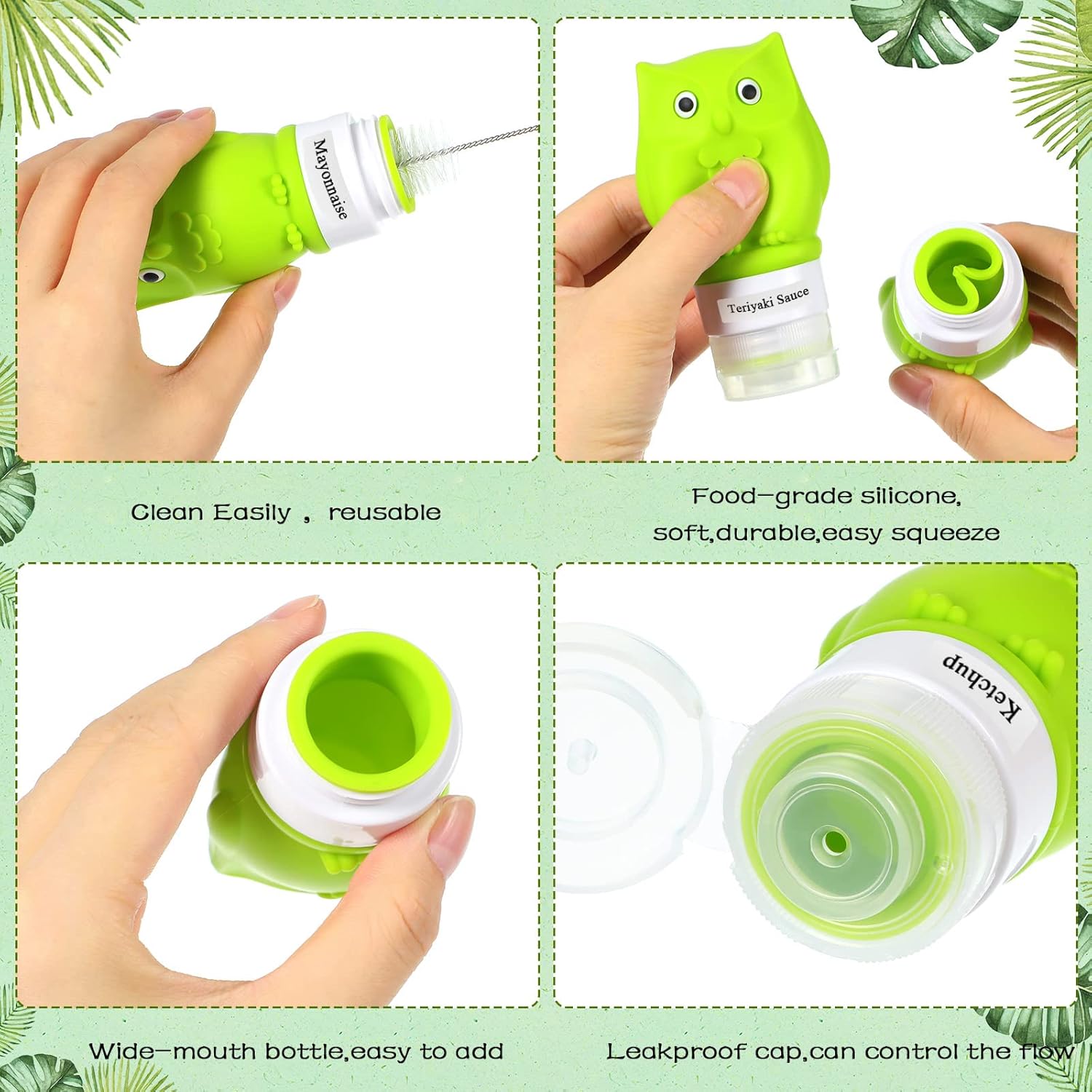 Meanplan 6-Pack Silicone Condiment Squeeze Bottles with Brush and Labels