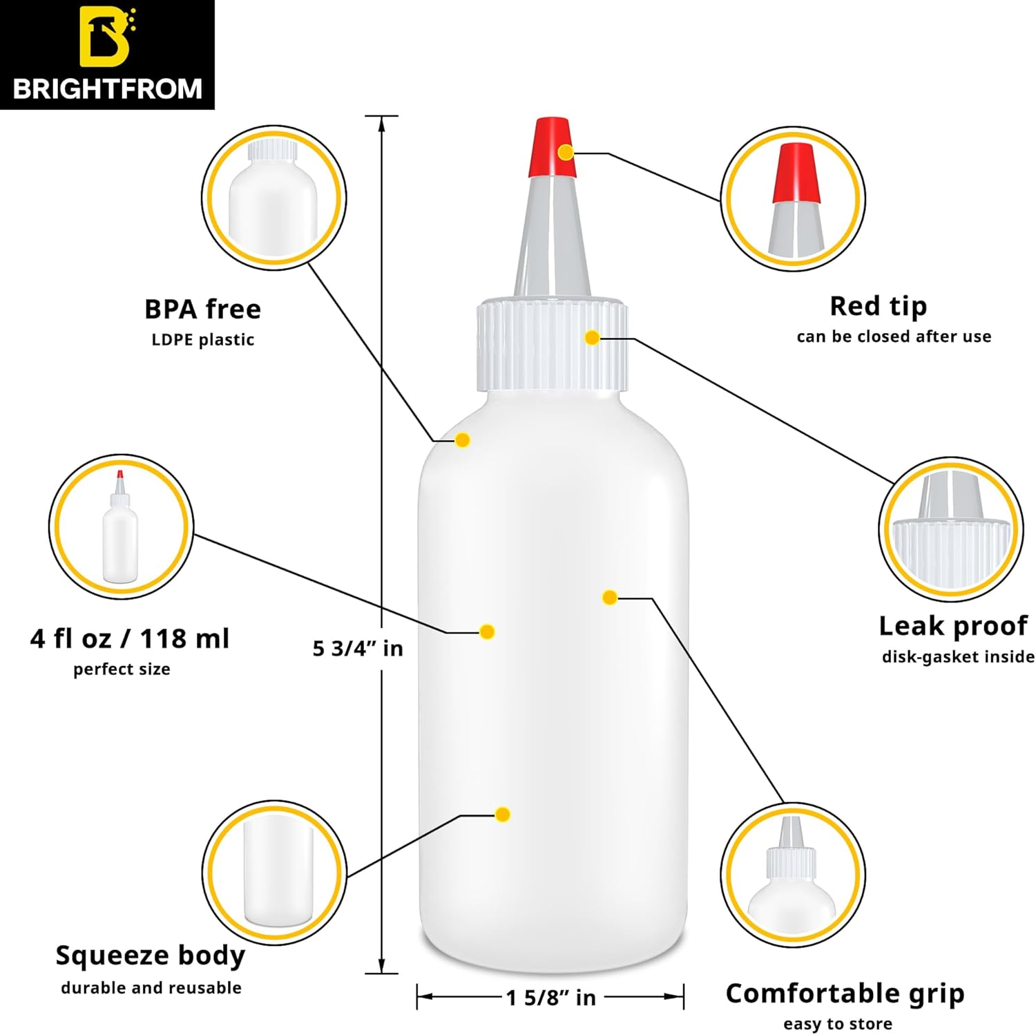 BRIGHTFROM 4 Oz Squeeze Bottles - Pack of 4 Red Top