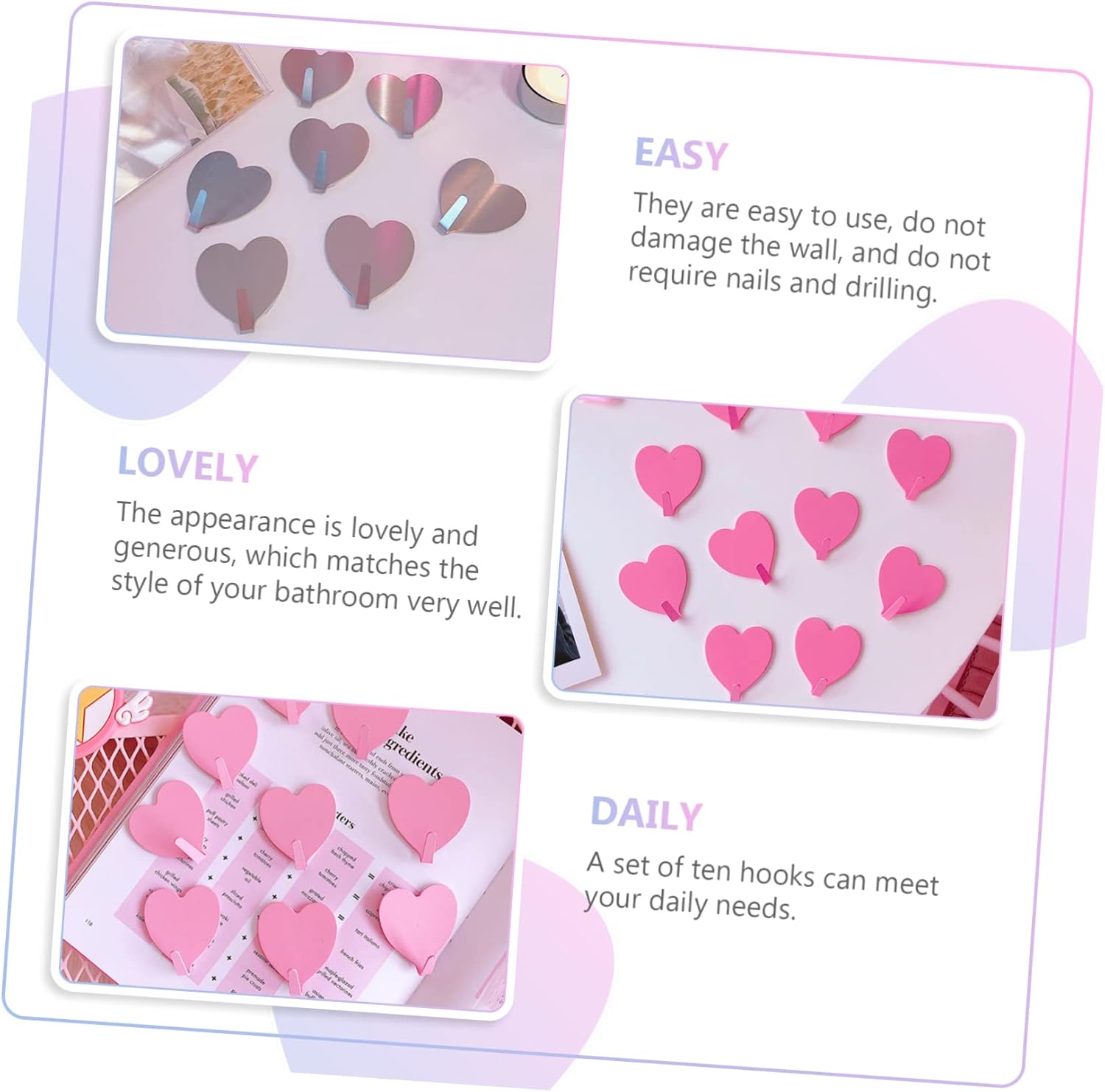 10pcs Heart Shaped Wall Hooks Non Punching Stainless Steel Easy Install