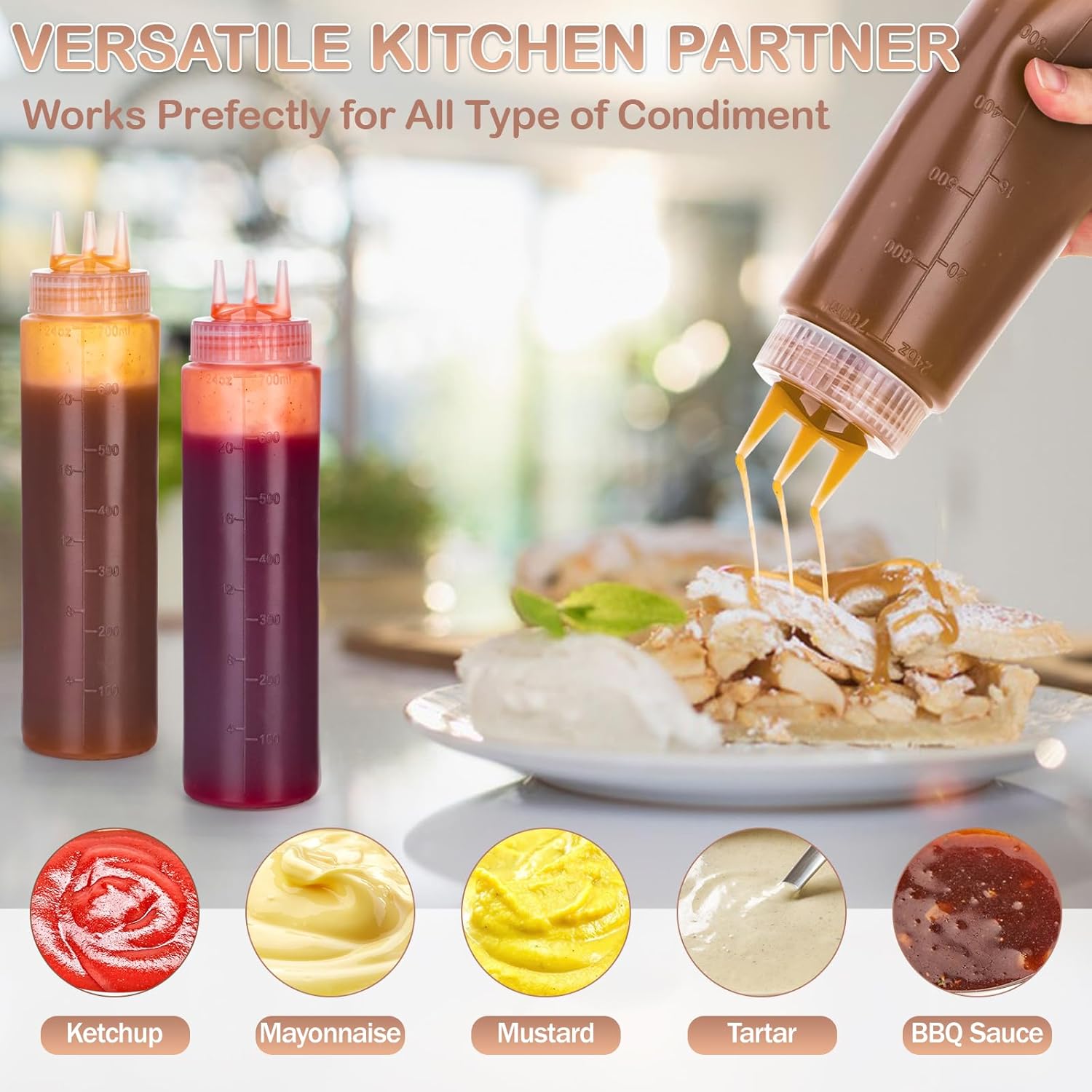 Deesoo 3-Hole Condiment Squeeze Bottles 2pcs 700ml Food Grade