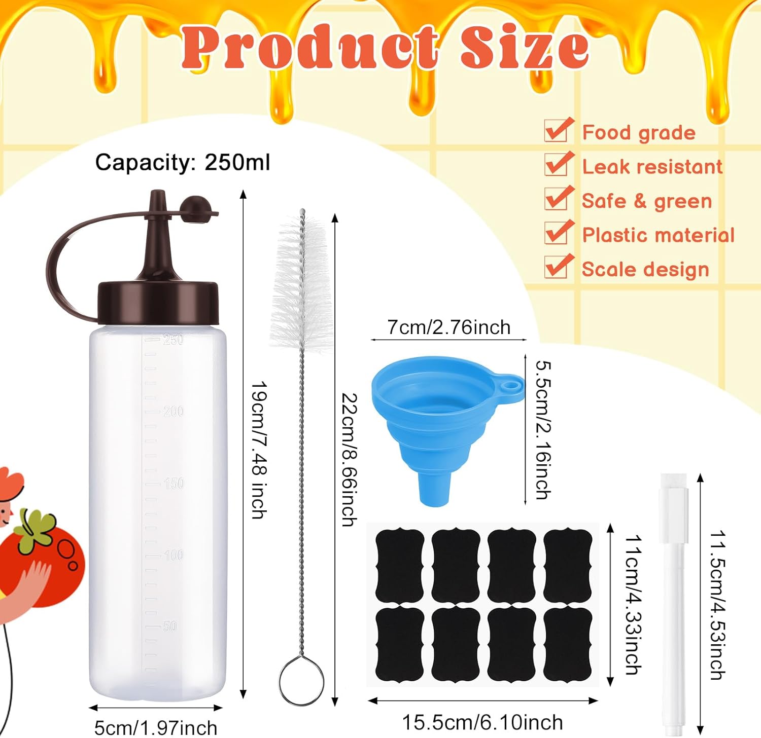 6 Pack 8 oz Condiment Squeeze Bottles with Black Caps and Funnel
