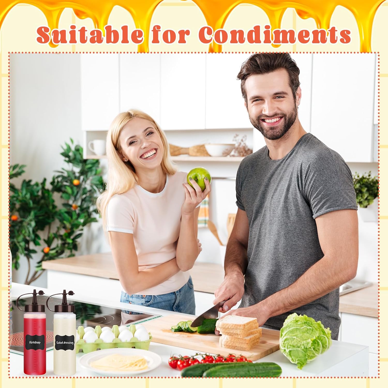 6 Pack 8 oz Condiment Squeeze Bottles with Black Caps and Funnel