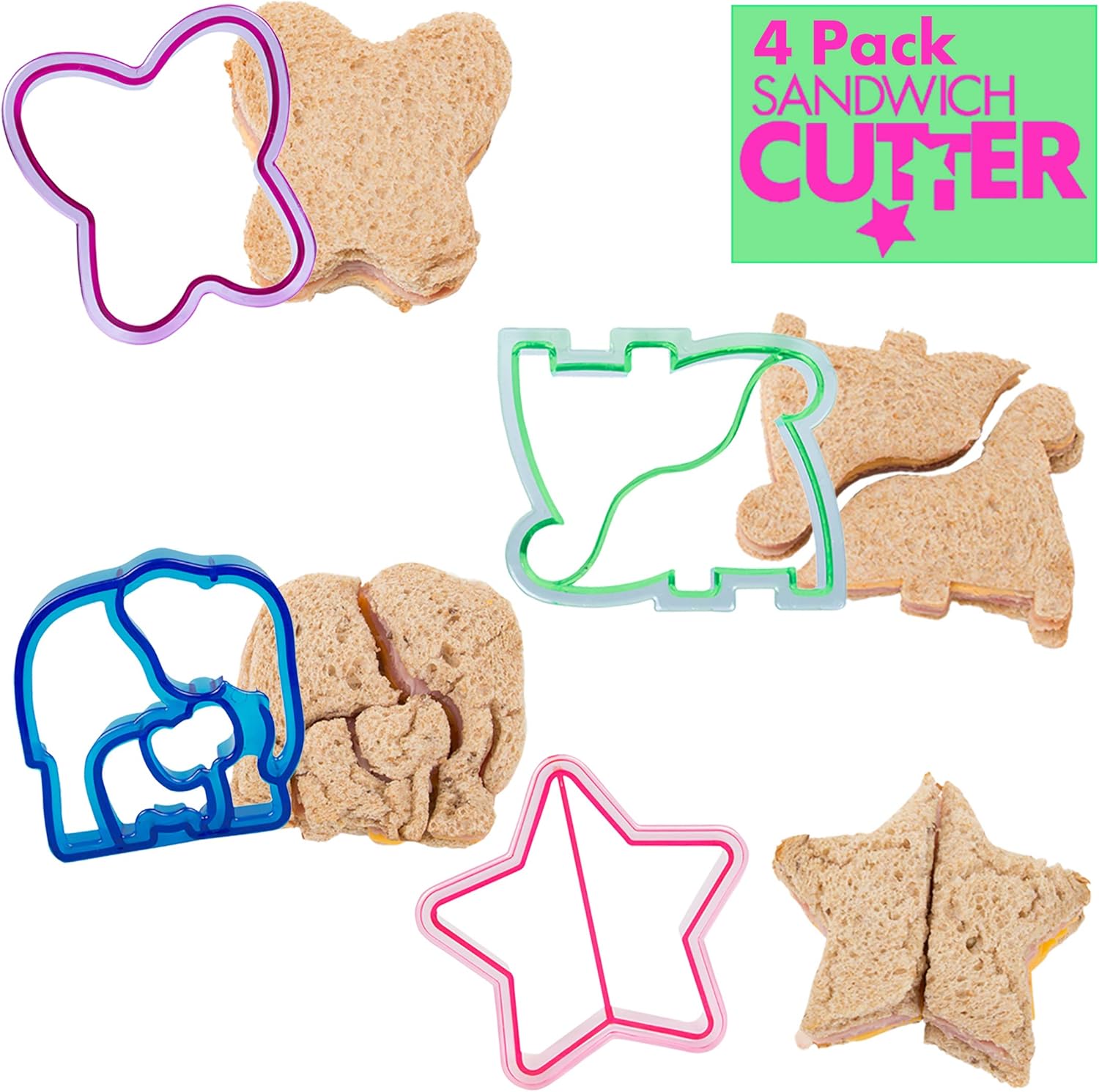 Bentology Sandwich Cutters - 4 Pack with Butterfly Star Dinosaur Elephant