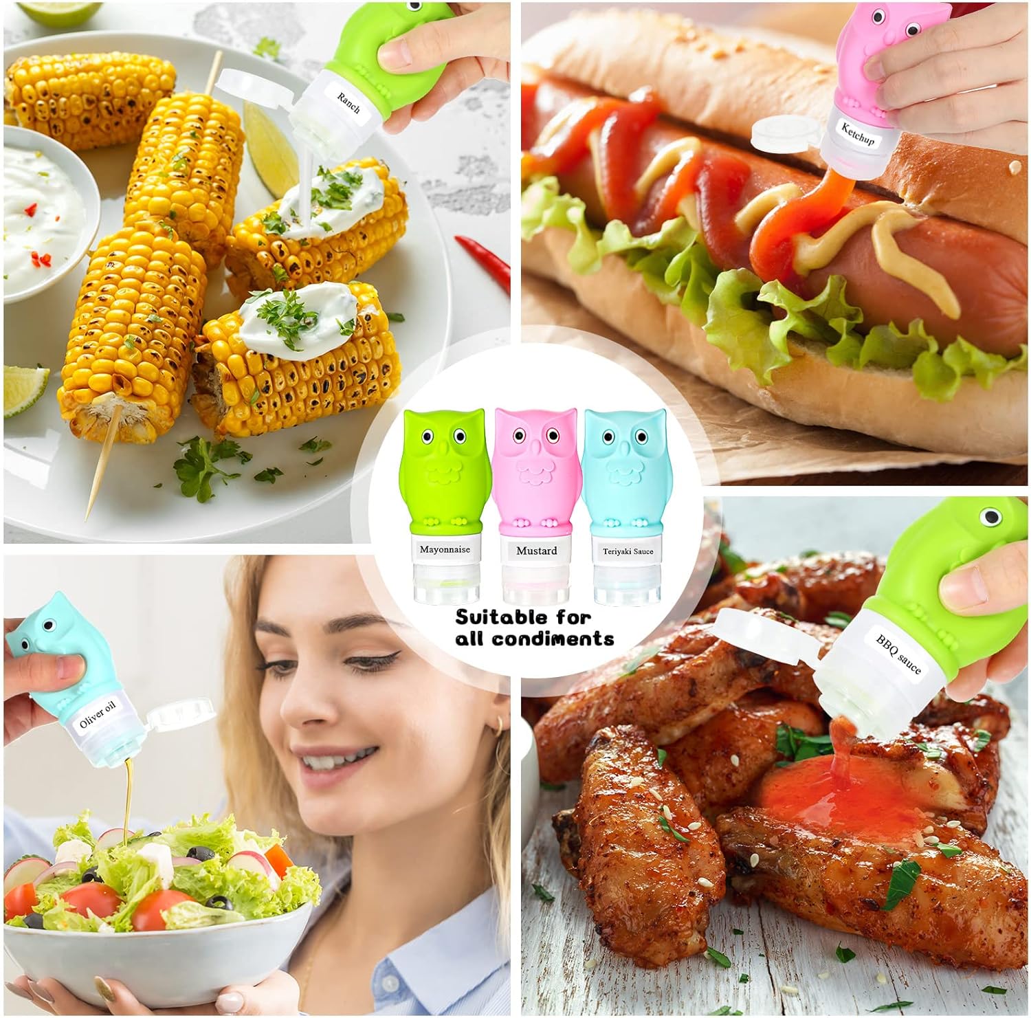 Meanplan 6-Pack Silicone Condiment Squeeze Bottles with Brush and Labels