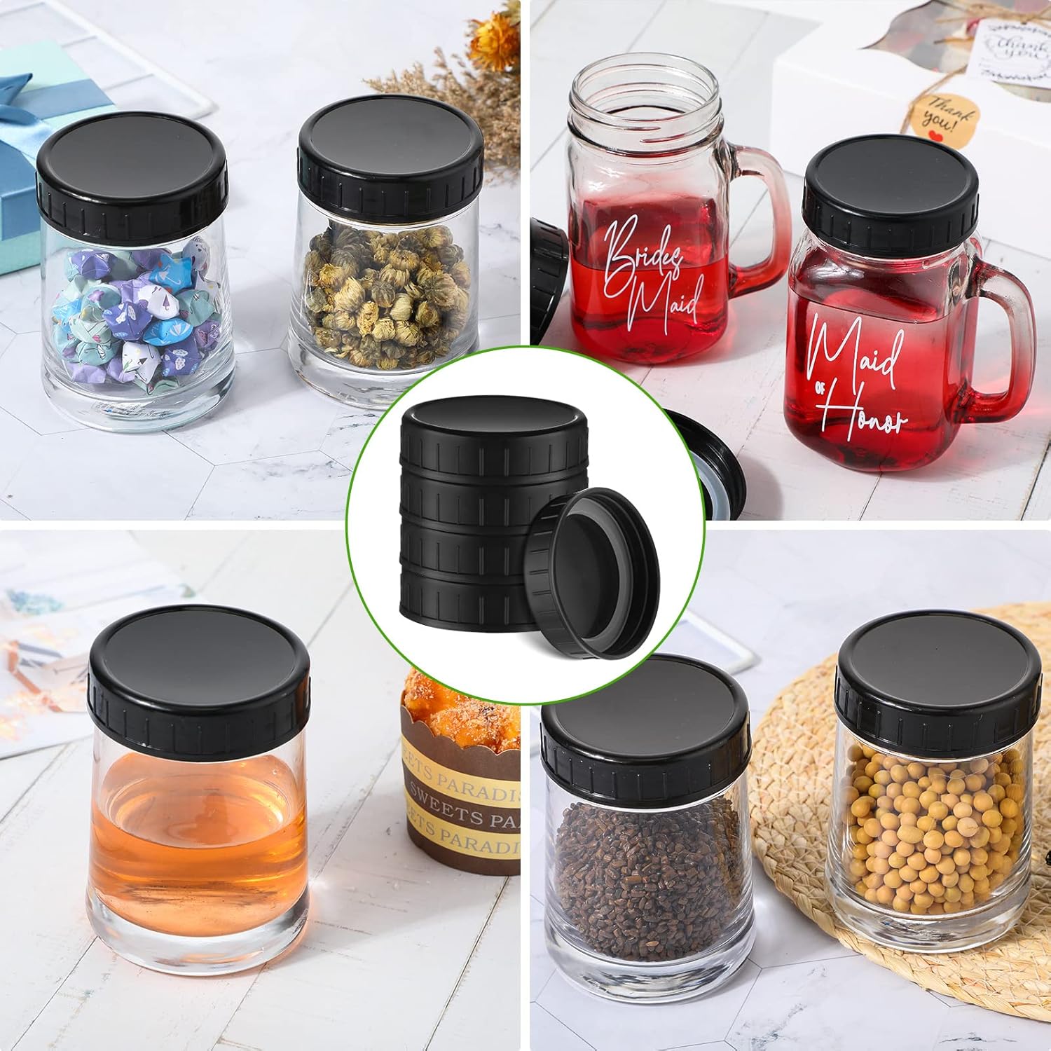 Inbagi 30 Pcs Mason Jar Plastic Lids with Rubber Seal Black