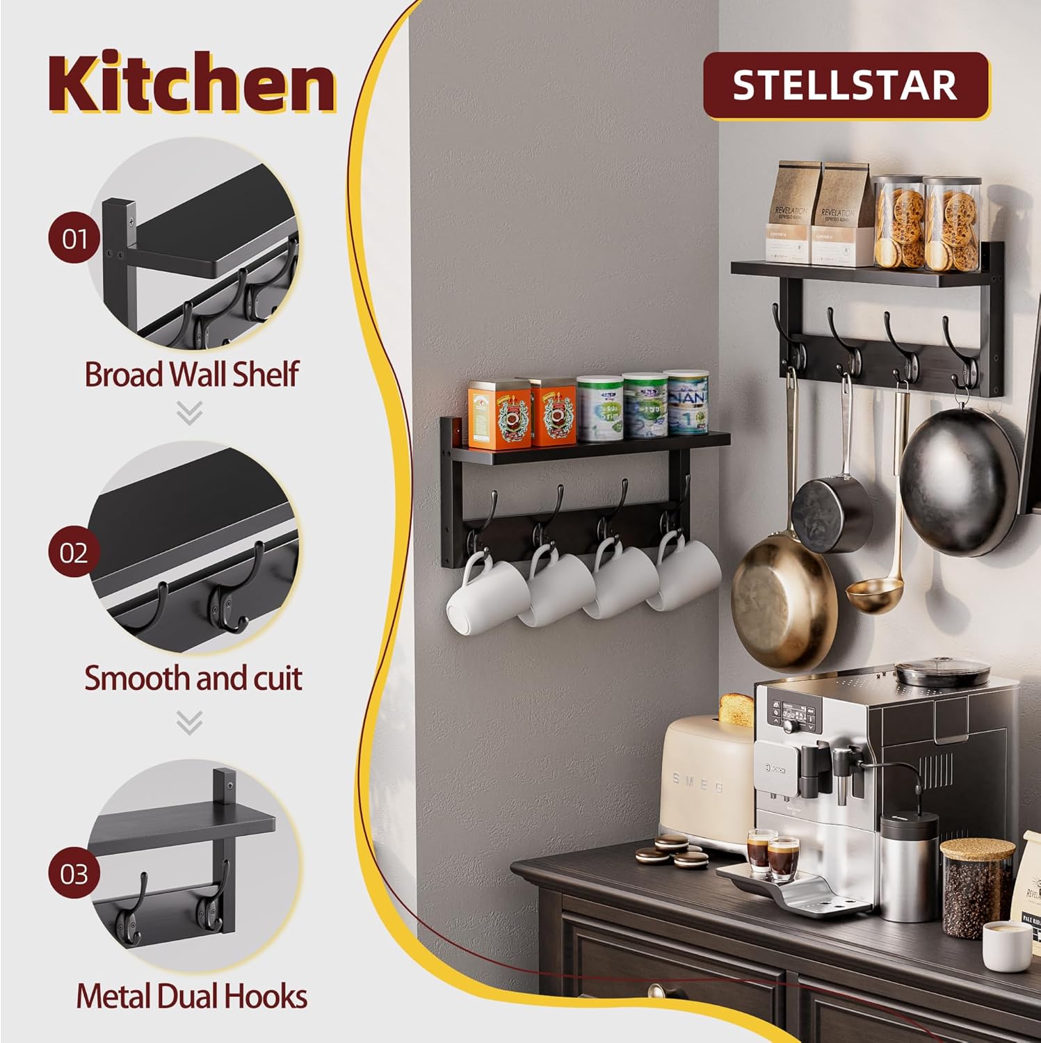 Stellstar Bamboo Coat Rack with 8 Hooks 2-Pack Black