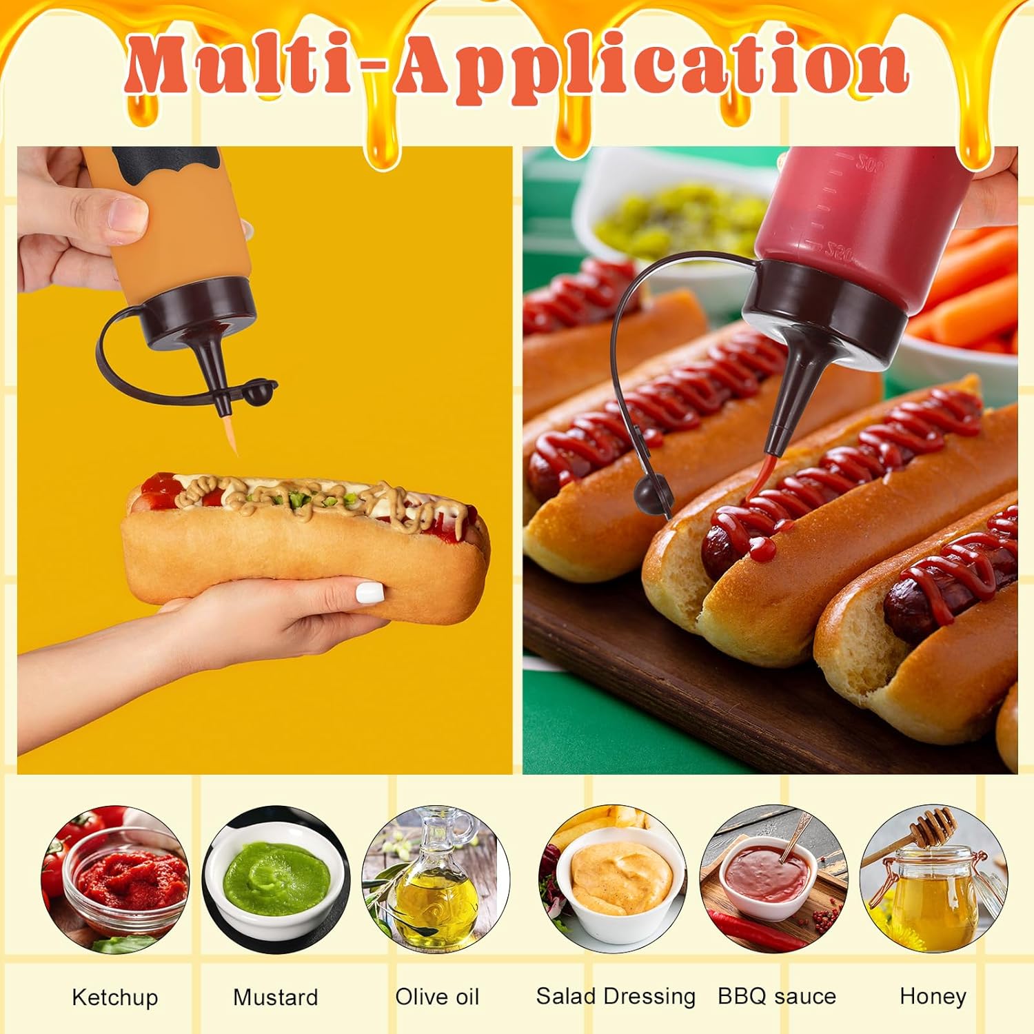 6 Pack 8 oz Condiment Squeeze Bottles with Black Caps and Funnel