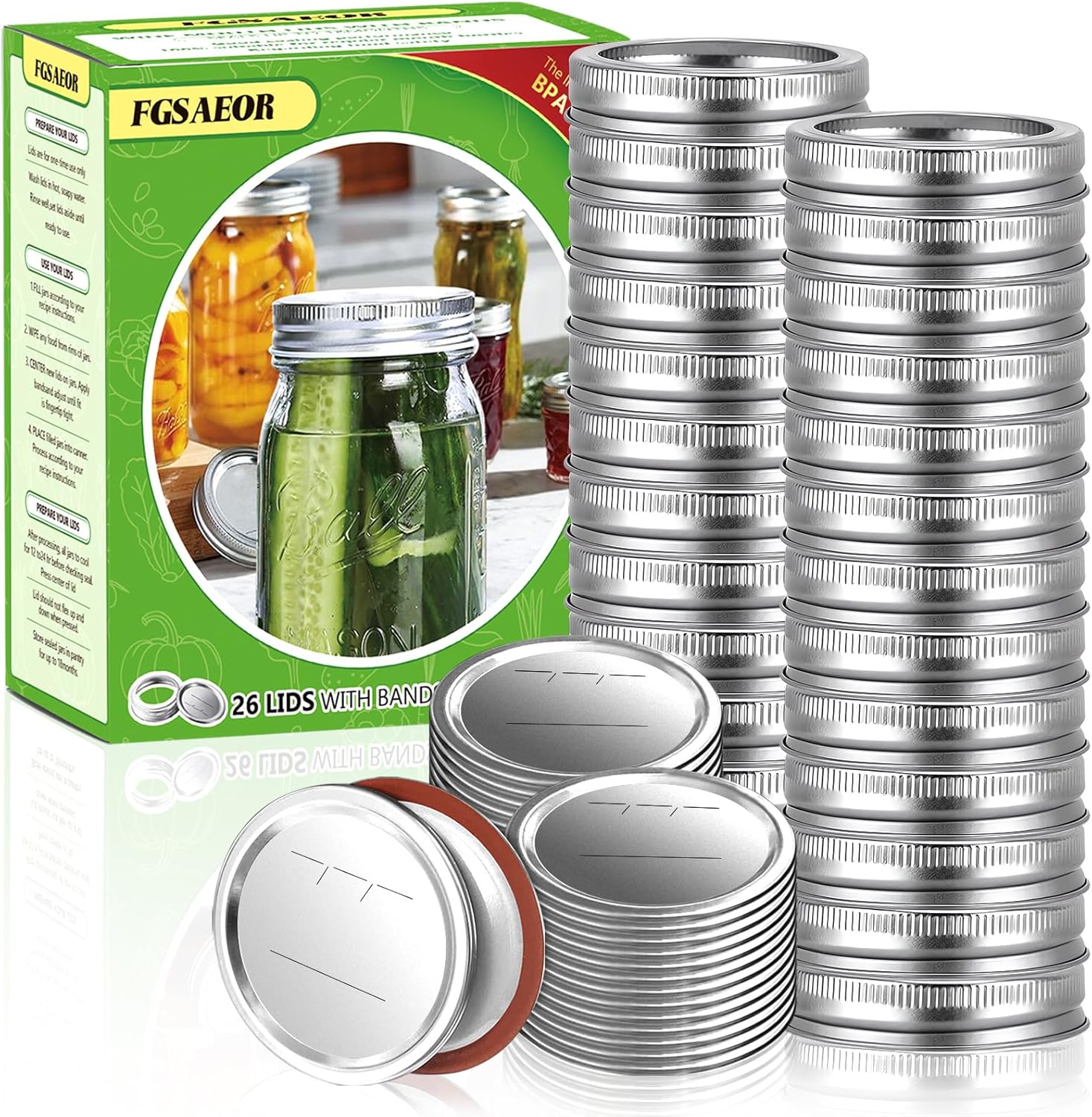 FGSAEOR 52Pcs Wide Mouth Canning Lids Bands Set