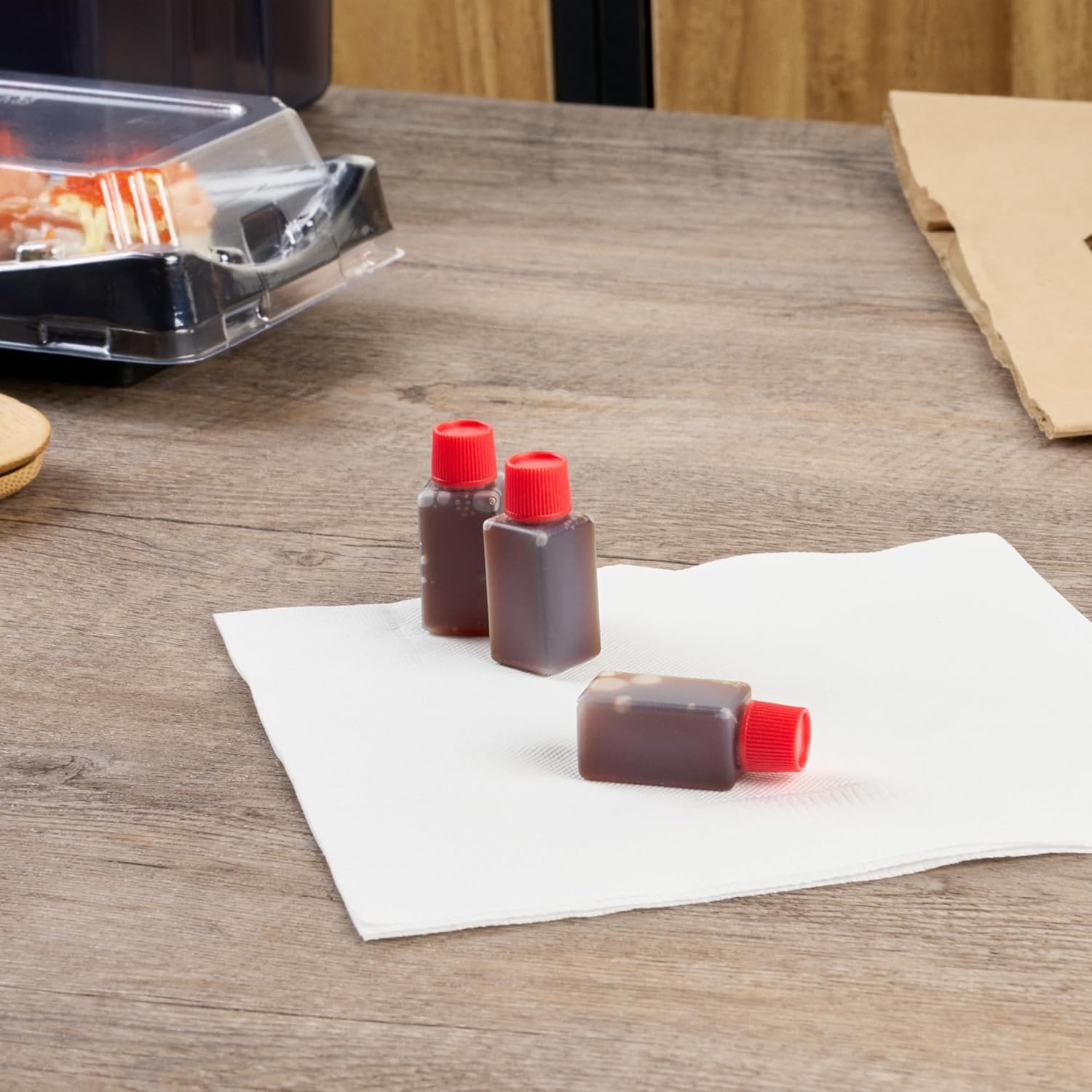 Restaurantware Mini Soy Sauce Bottles 6 mL 100 Pack with Red Caps
