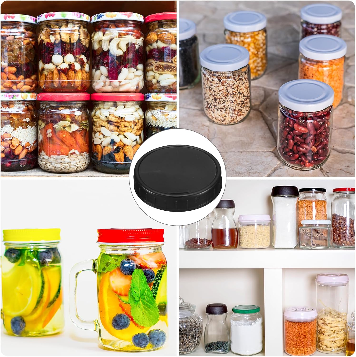 Uexcel 86mm Plastic Mason Jar Lids 9pcs with Sealing Rings Black