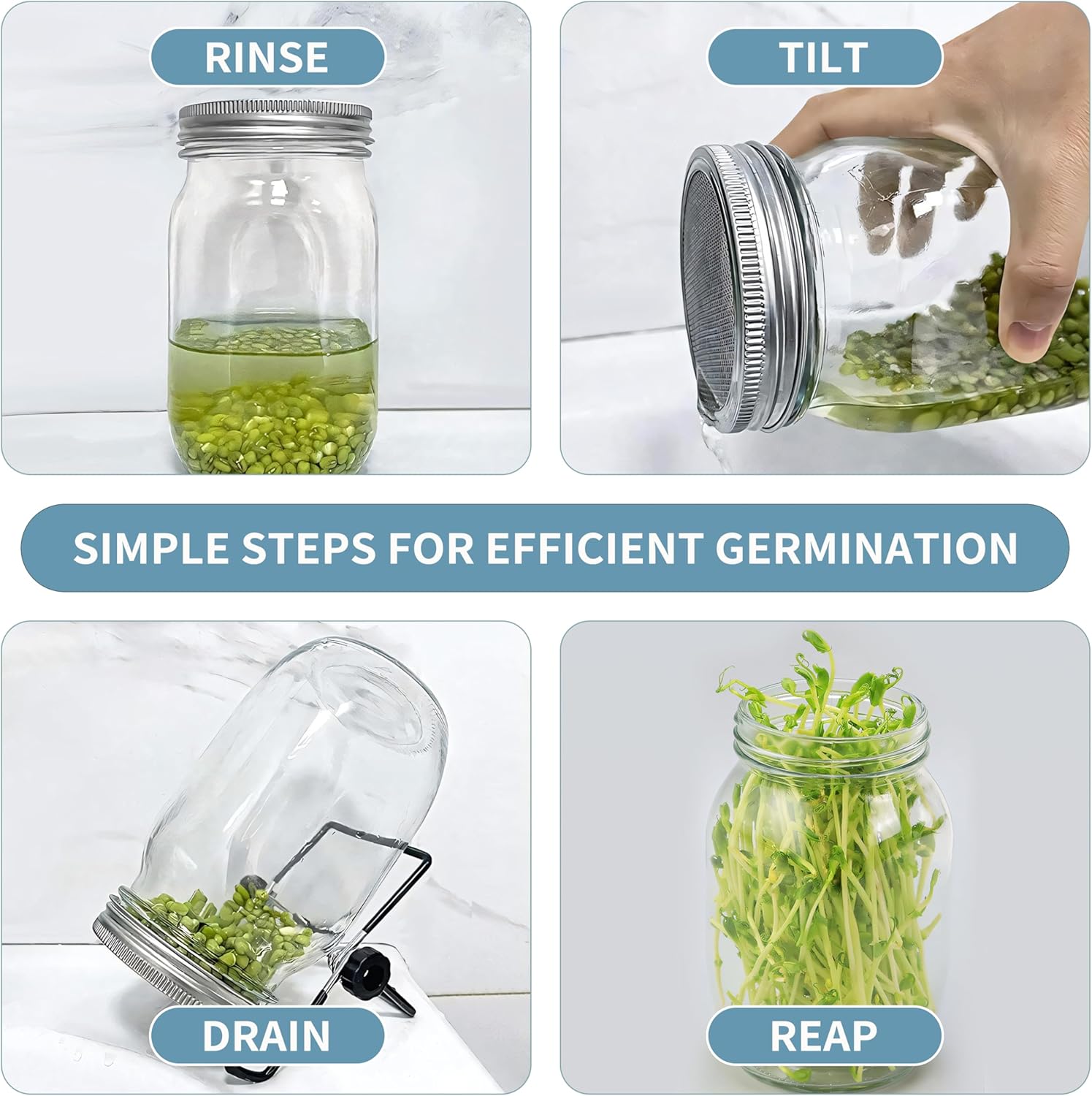 EKPYUB Upgrade Sprouting Jar Kit 2Pcs with Lids and Stand