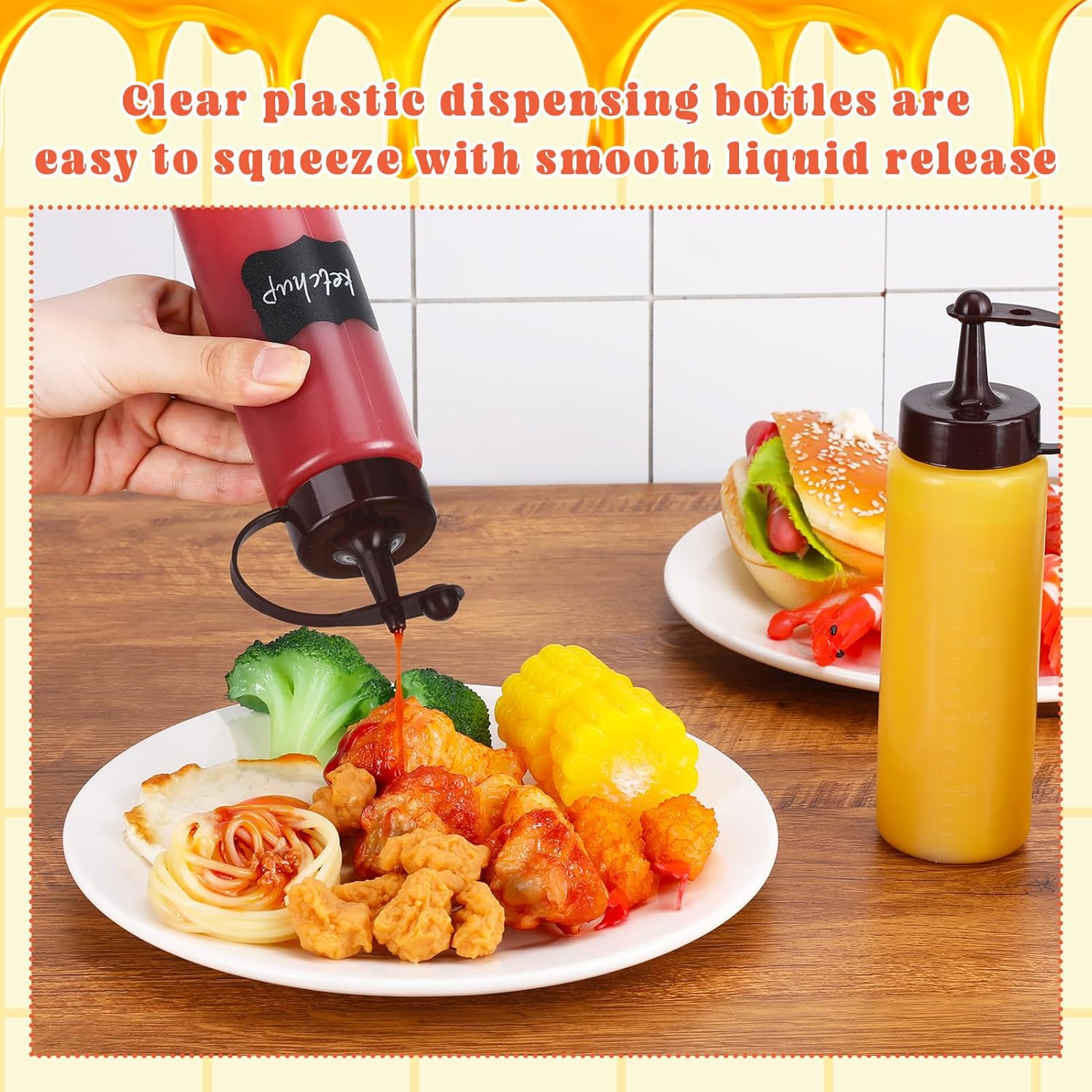 6 Pack 8 oz Condiment Squeeze Bottles with Black Caps and Funnel