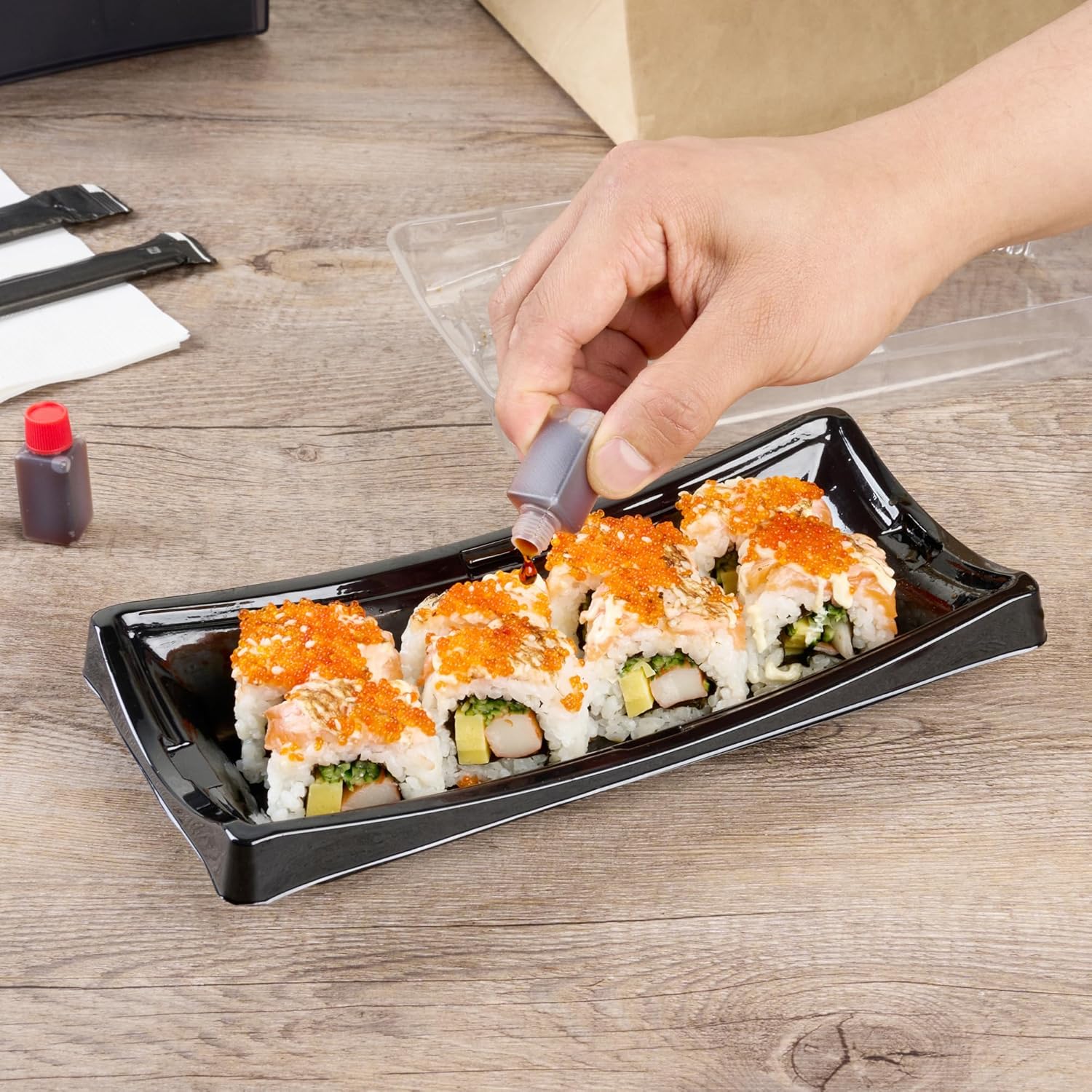Restaurantware Mini Soy Sauce Bottles 6 mL 100 Pack with Red Caps