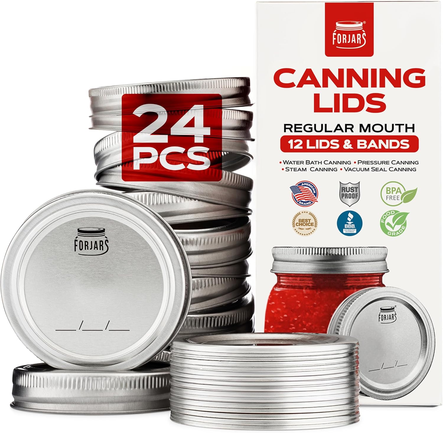 FORJARS Canning Lids with Rings 24Pcs12Sets
