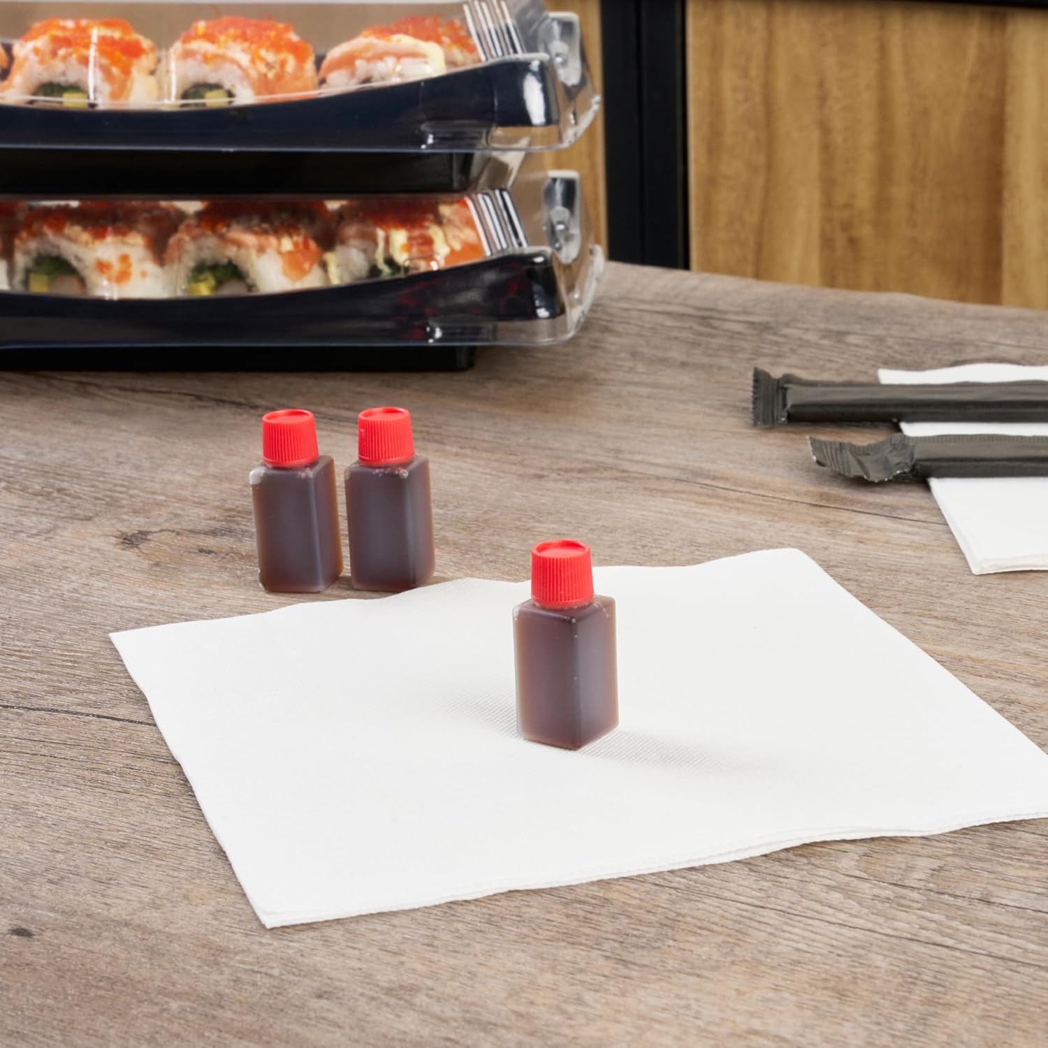 Restaurantware Mini Soy Sauce Bottles 6 mL 100 Pack with Red Caps