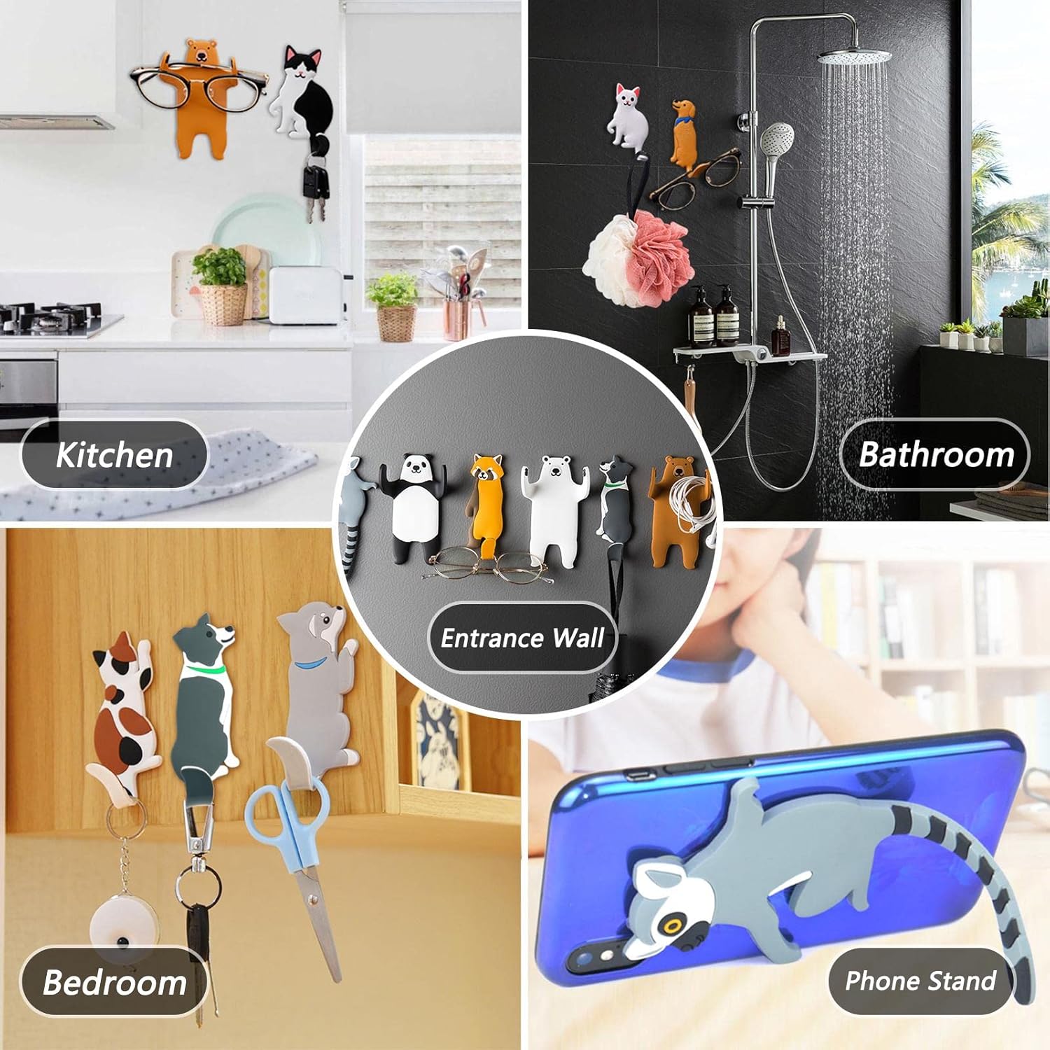 YISTOS Cute Animal Wall Hooks 3Pcs Cat Dog Adhesive White