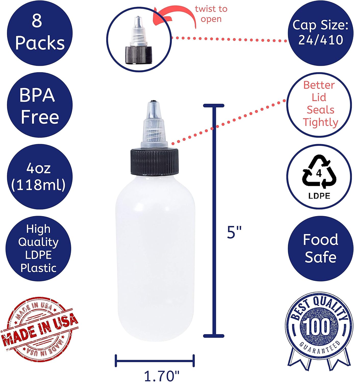 Kelkaa 4oz Boston Round LDPE Squeeze Bottles Pack of 8