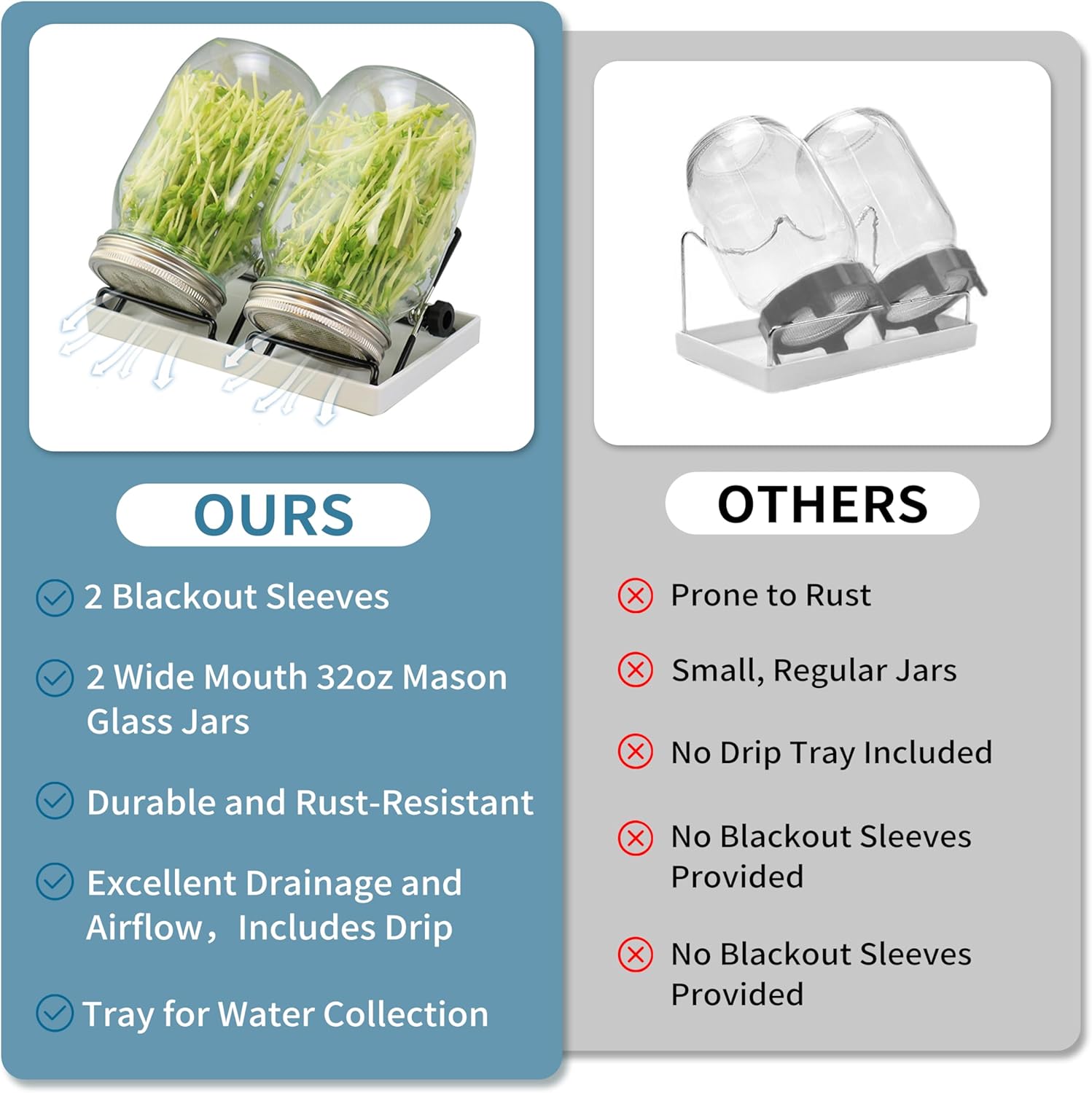 EKPYUB Upgrade Sprouting Jar Kit 2Pcs with Lids and Stand