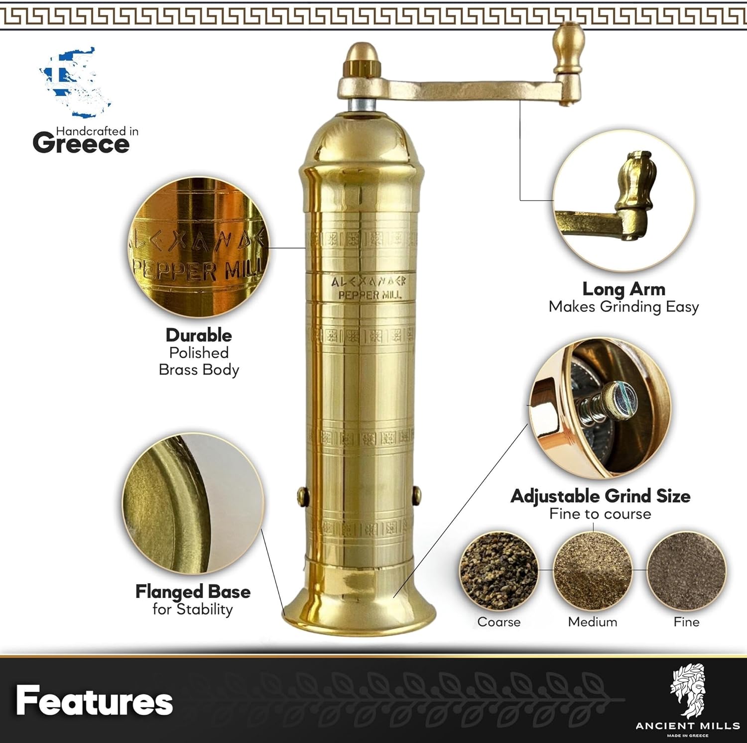European Brass Pepper Mill Handcrafted Adjustable