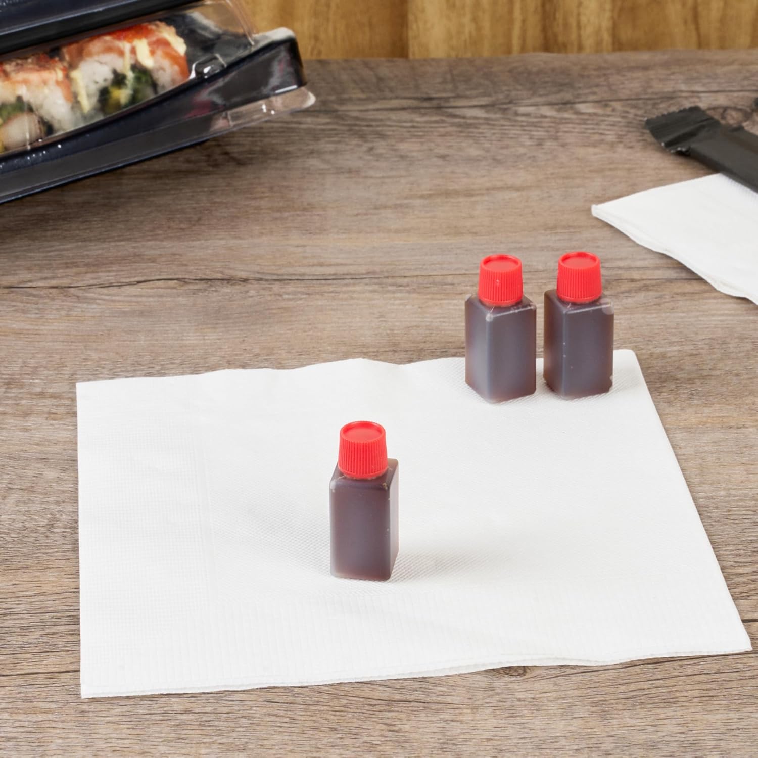 Restaurantware Mini Soy Sauce Bottles 6 mL 100 Pack with Red Caps