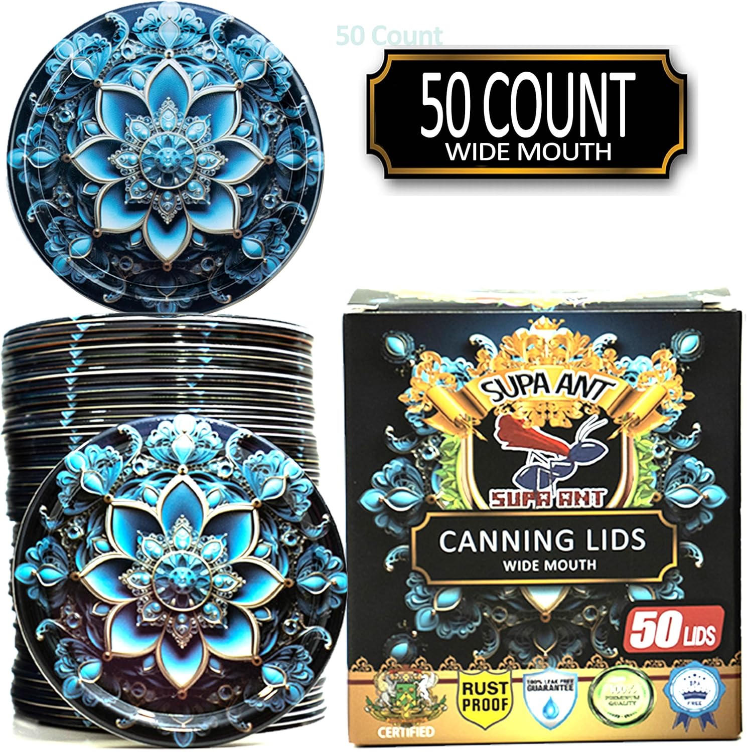 Supa Ant Wide Mouth Canning Lids 50 Pieces Turquoise