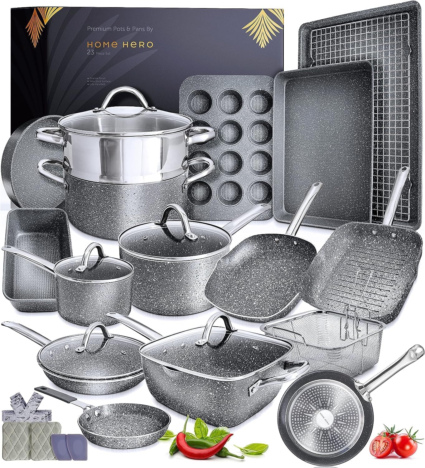 Home Hero Salt Pepper Grinder with 23 Pcs Granite Cookware Set